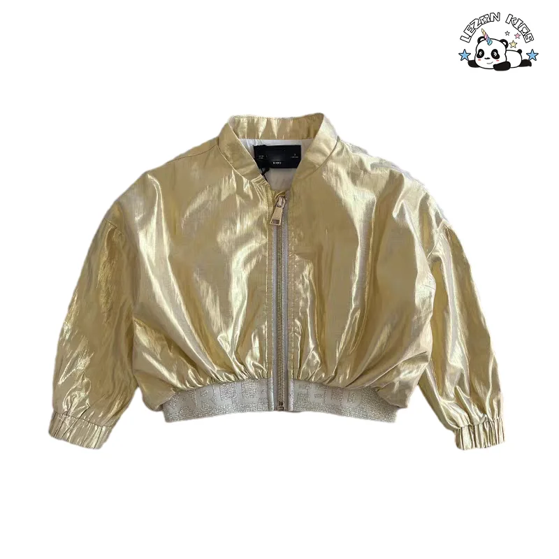 LEZONKIDS - Customizable Golden Jacket Shorts Set Casual Western Style Girls Spring Season Solid Pattern Ribbed Outfit Set
